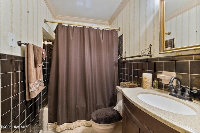 full bathroom featuring crown molding, toilet, tile walls, and shower / bath combo