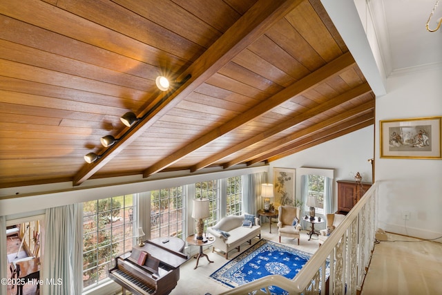 living room with wood ceiling and lofted ceiling with beams