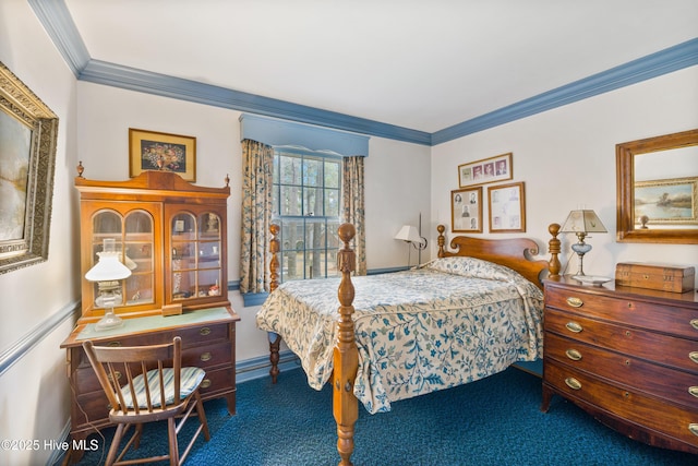 carpeted bedroom featuring ornamental molding