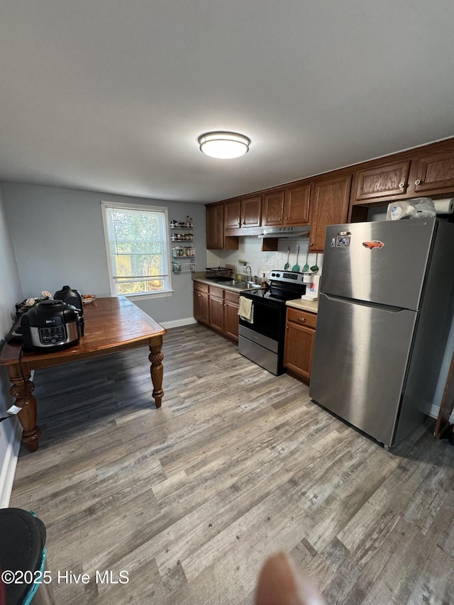 kitchen with sink, light hardwood / wood-style flooring, and appliances with stainless steel finishes