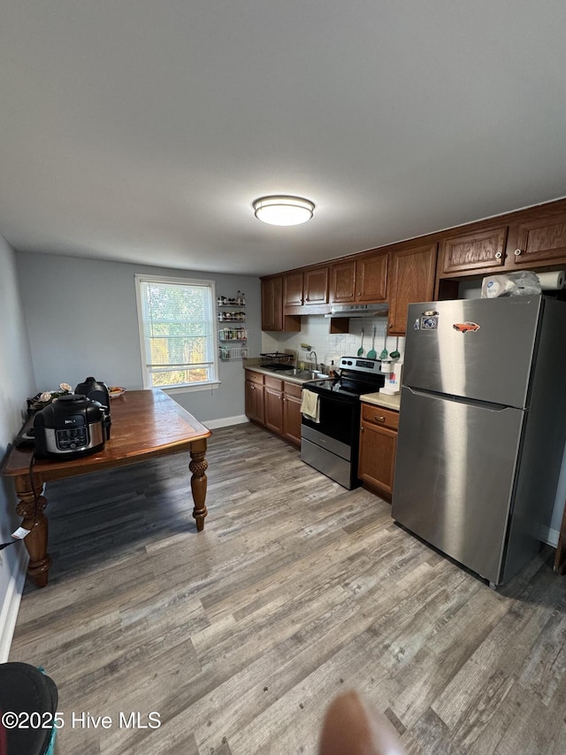 kitchen with stainless steel appliances, sink, and light hardwood / wood-style flooring