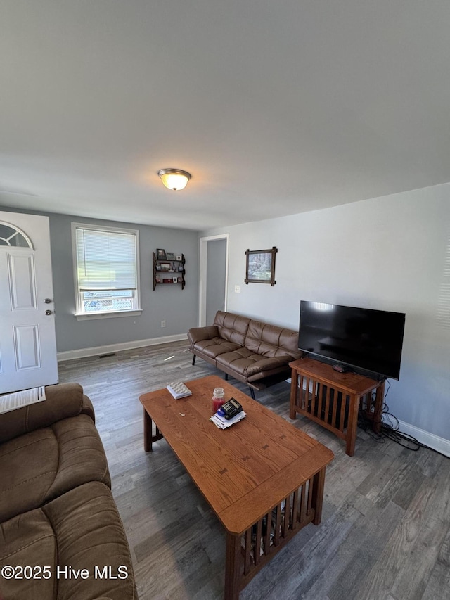 living room featuring dark wood-type flooring