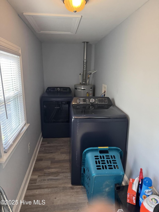 laundry room featuring dark wood-type flooring, water heater, and washer and dryer