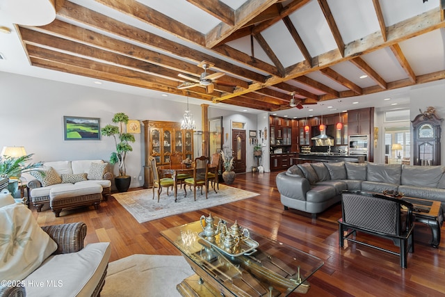 living room featuring dark wood-type flooring, ceiling fan, and beam ceiling