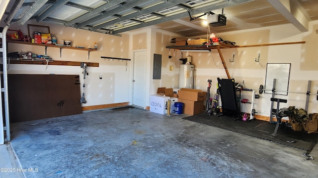 garage with a garage door opener, electric panel, and electric water heater