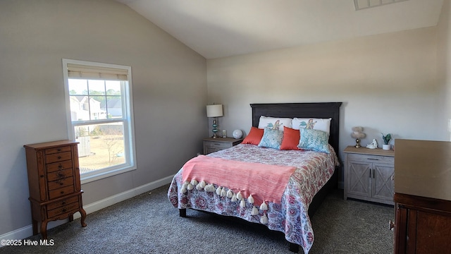 carpeted bedroom featuring vaulted ceiling