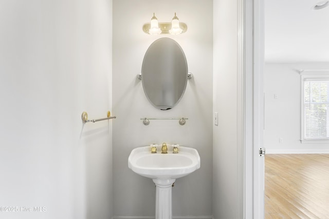 bathroom with wood-type flooring