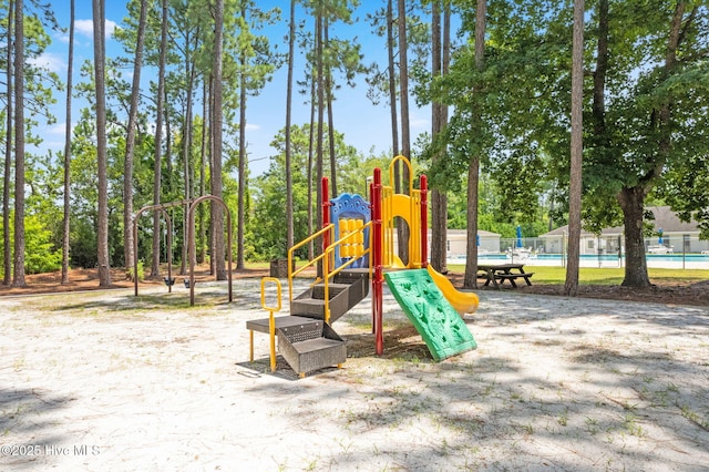 exterior space with fence and a community pool