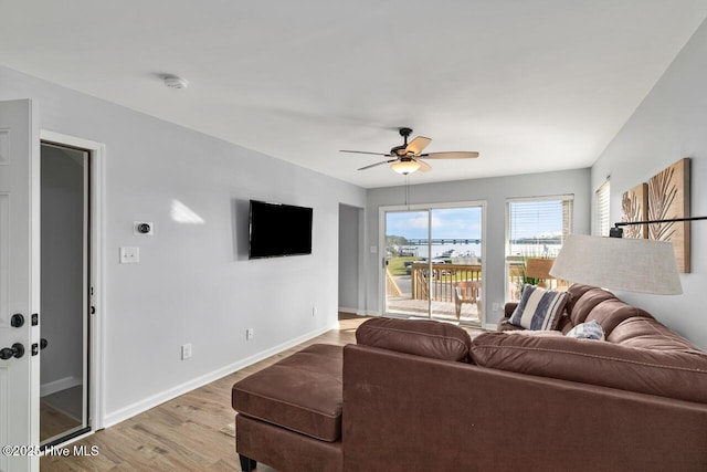 living room with ceiling fan and light hardwood / wood-style flooring