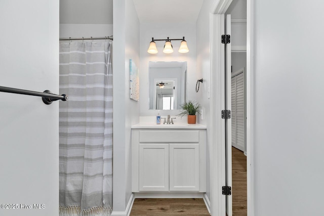 bathroom with wood-type flooring, vanity, and a shower with shower curtain