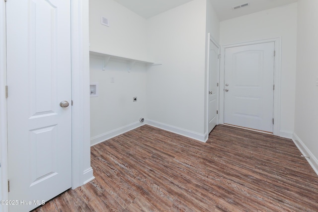 washroom with hookup for an electric dryer, dark hardwood / wood-style flooring, and hookup for a washing machine