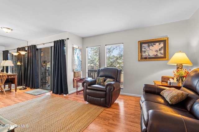 living room with baseboards and wood finished floors