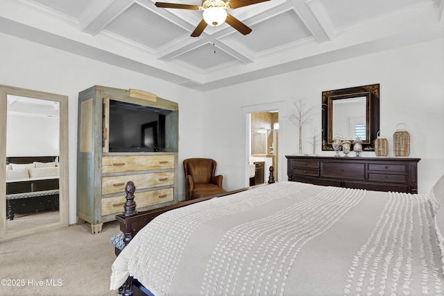 carpeted bedroom featuring coffered ceiling, ensuite bath, beam ceiling, and ceiling fan