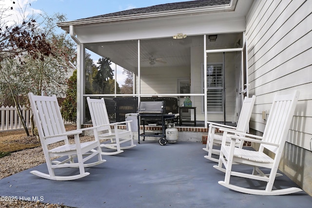 view of patio / terrace featuring ceiling fan and a porch