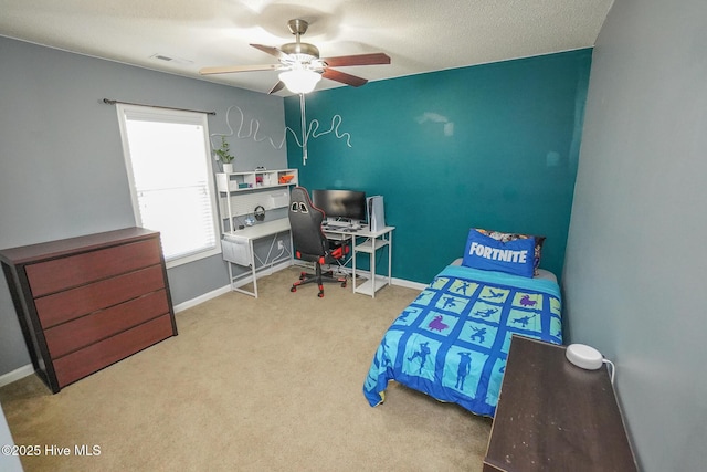 bedroom with light carpet and ceiling fan