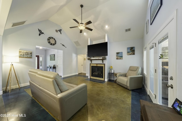 living room with ceiling fan and high vaulted ceiling