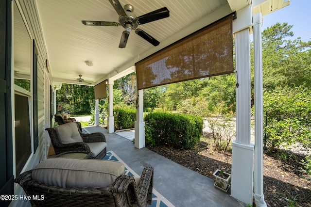 view of patio / terrace featuring a porch and ceiling fan