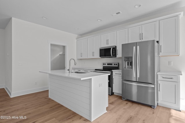 kitchen with sink, a center island with sink, white cabinets, and appliances with stainless steel finishes