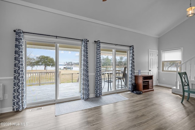 doorway with a wealth of natural light, lofted ceiling, and wood finished floors