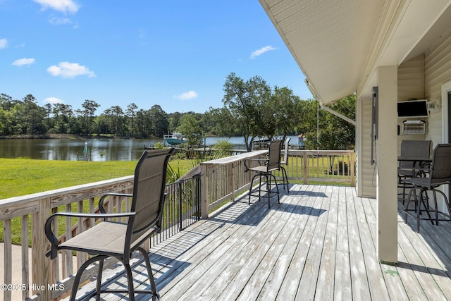 deck featuring a water view and a lawn