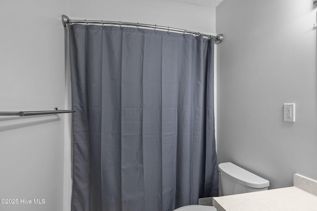 full bath featuring vanity, toilet, and curtained shower