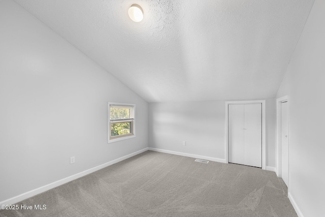 additional living space featuring lofted ceiling, carpet flooring, baseboards, and a textured ceiling
