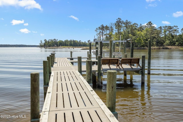 dock area with a water view and boat lift