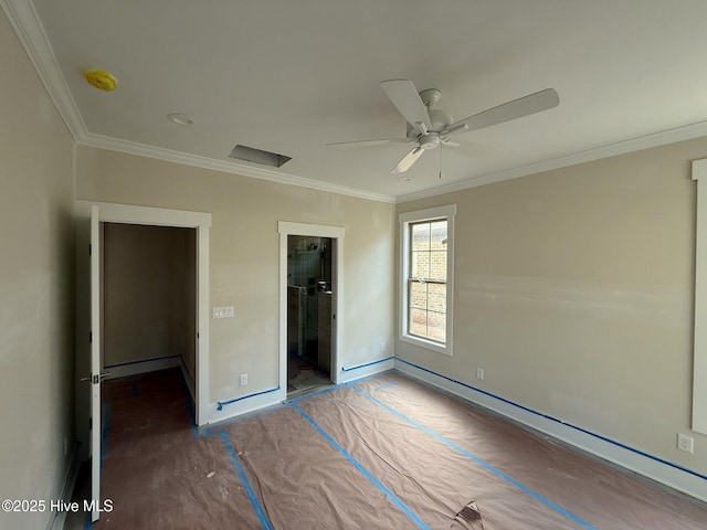 unfurnished bedroom with crown molding and ceiling fan