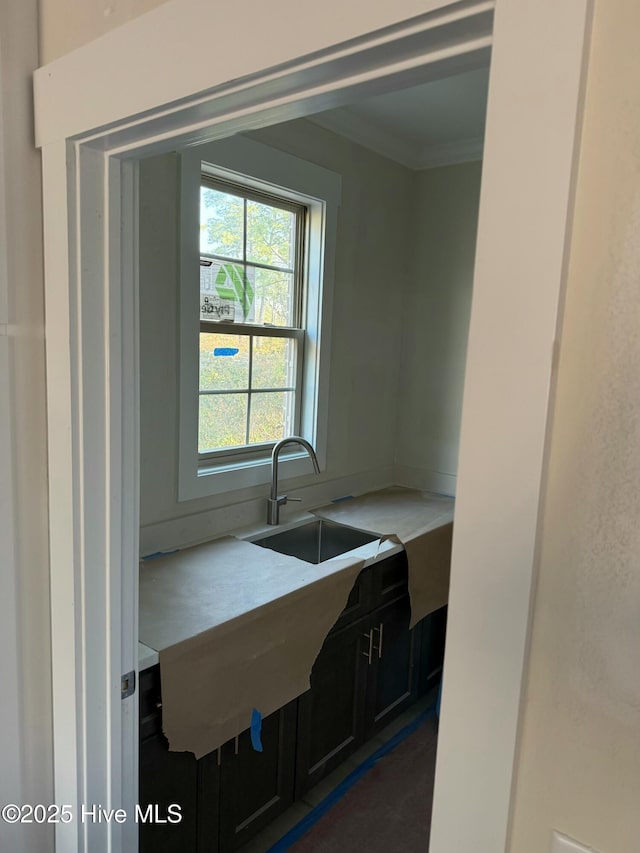 kitchen with ornamental molding and sink