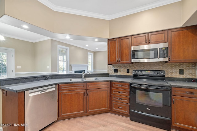 kitchen featuring appliances with stainless steel finishes, sink, a wealth of natural light, and light hardwood / wood-style flooring