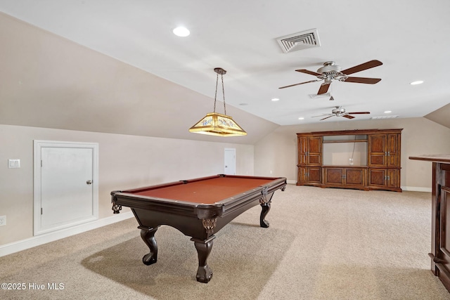 playroom featuring vaulted ceiling, light colored carpet, ceiling fan, and billiards