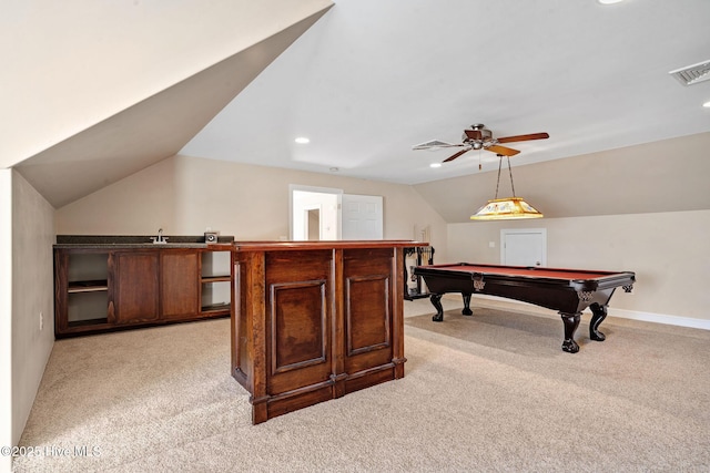 playroom featuring vaulted ceiling, light colored carpet, ceiling fan, and pool table