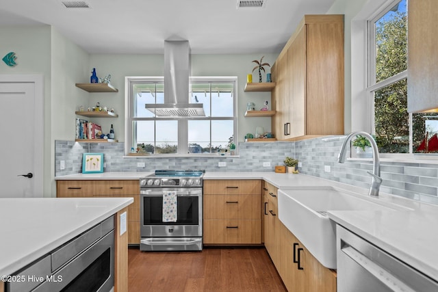 kitchen featuring sink, light hardwood / wood-style flooring, appliances with stainless steel finishes, backsplash, and island range hood