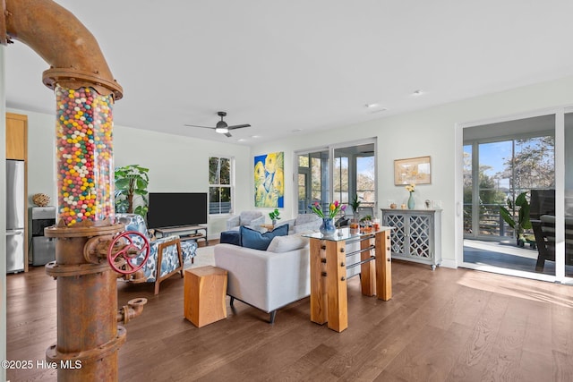 living room with hardwood / wood-style flooring, ceiling fan, and a healthy amount of sunlight