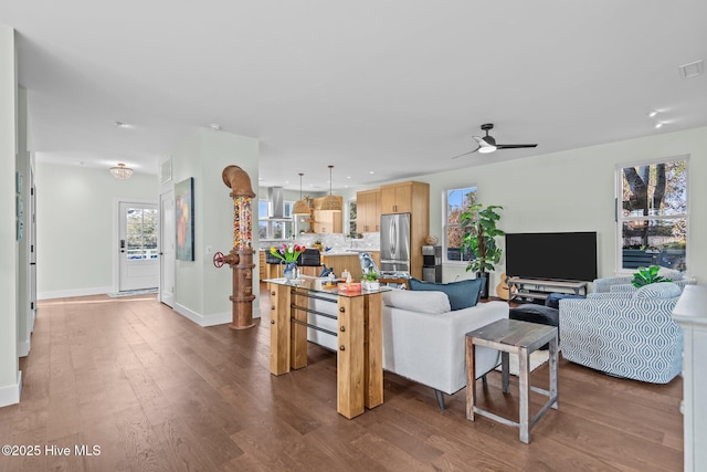 living room with ceiling fan and dark hardwood / wood-style flooring