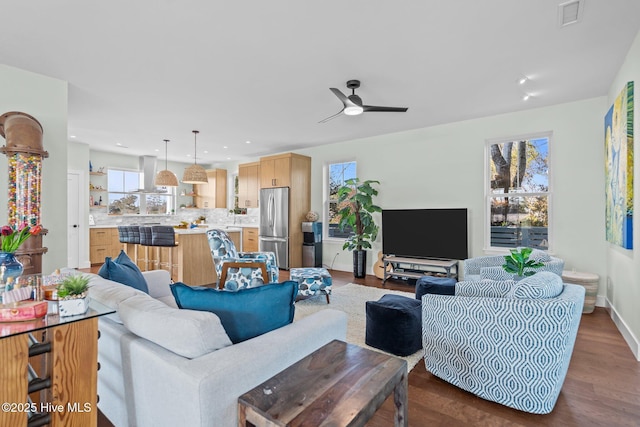 living room with ceiling fan and hardwood / wood-style floors