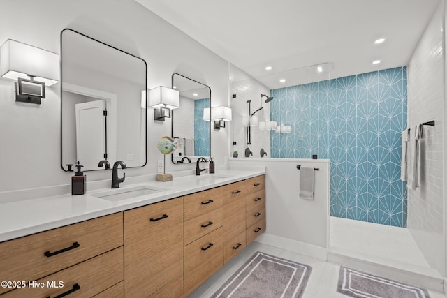 bathroom with tile patterned floors, vanity, and a tile shower