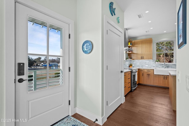 doorway to outside with sink and dark hardwood / wood-style flooring