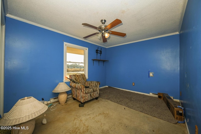 unfurnished room with crown molding, carpet flooring, ceiling fan, and a textured ceiling