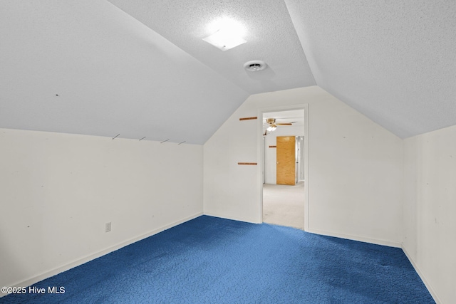 additional living space featuring lofted ceiling, carpet floors, and a textured ceiling