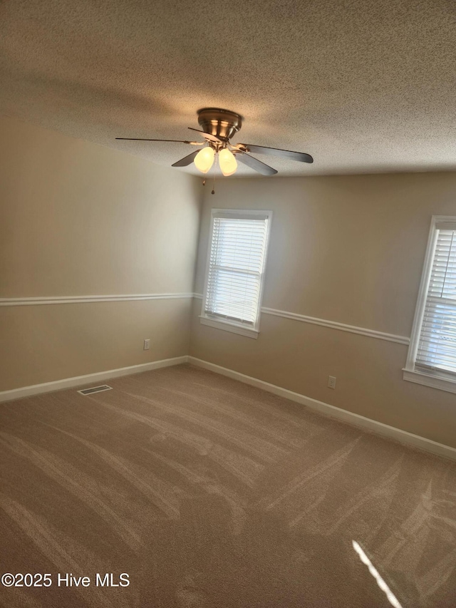 unfurnished room featuring plenty of natural light, a textured ceiling, and carpet flooring