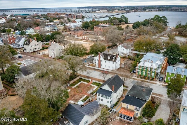 aerial view featuring a water view