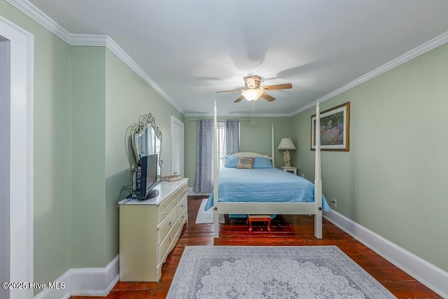 bedroom with ceiling fan, ornamental molding, and dark hardwood / wood-style floors