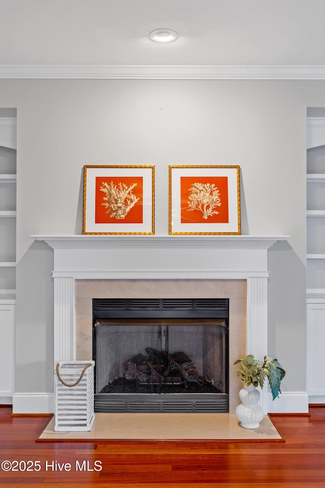 details featuring wood-type flooring, built in features, and crown molding