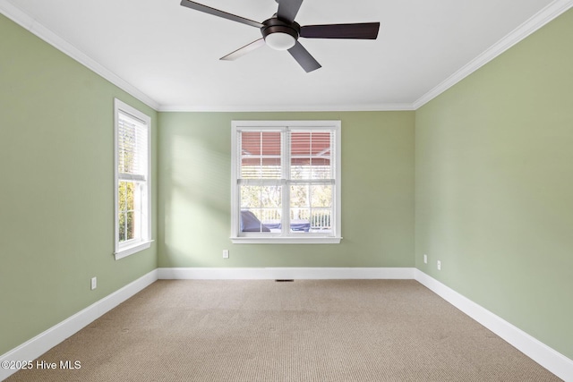 empty room with light carpet, ornamental molding, and ceiling fan