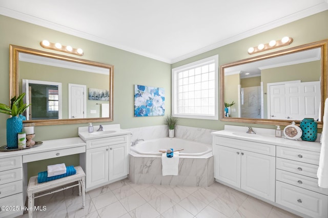 bathroom featuring ornamental molding, independent shower and bath, and vanity