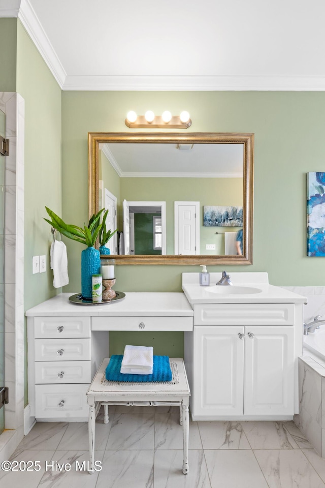 bathroom with crown molding, vanity, and plus walk in shower