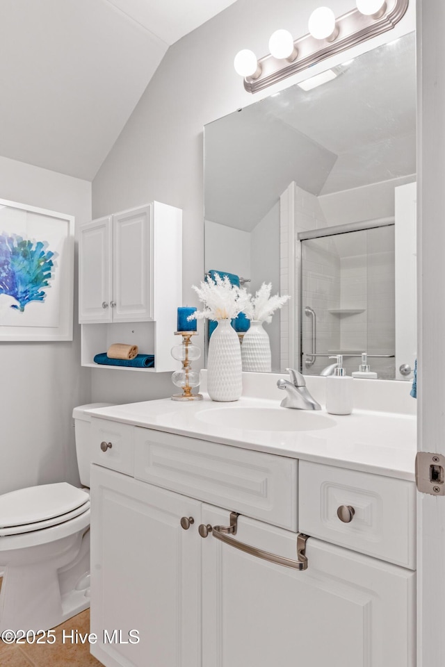 bathroom featuring vanity, vaulted ceiling, a shower with door, and toilet