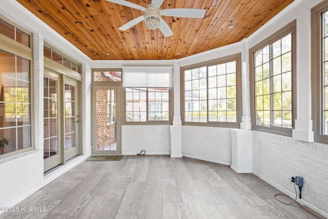 unfurnished sunroom featuring ceiling fan and wooden ceiling