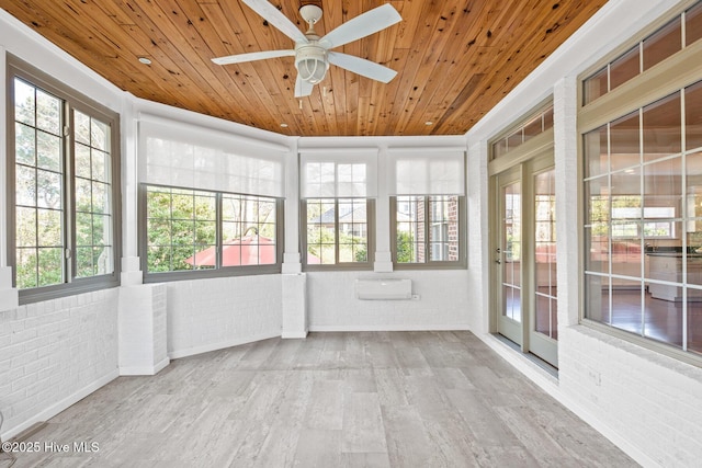 unfurnished sunroom featuring ceiling fan and wood ceiling